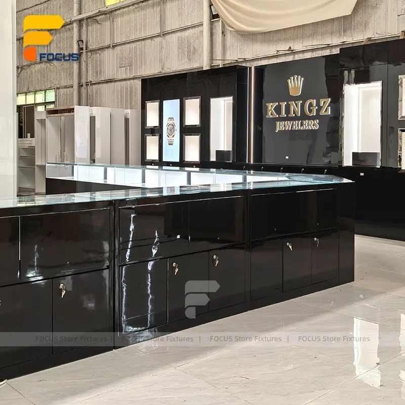 Custom Black Counter and Wall Display Cabinet Set