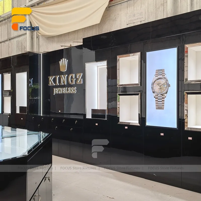 Custom Black Counter and Wall Display Cabinet Set