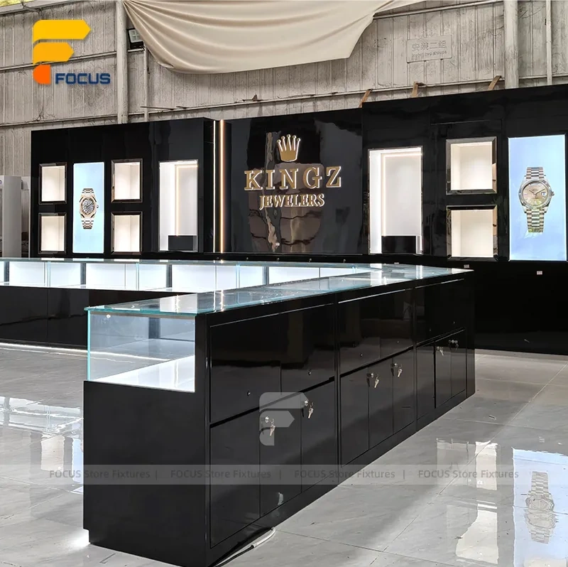 Custom Black Counter and Wall Display Cabinet Set