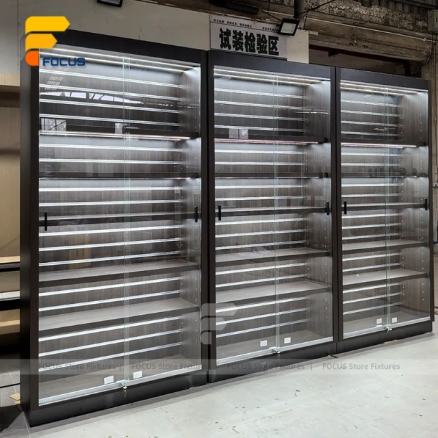 Custom Black Framed Corner Glass Display Cabinet System