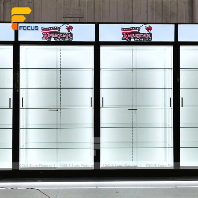 Custom Black Framed Illuminated Door Display Cabinet