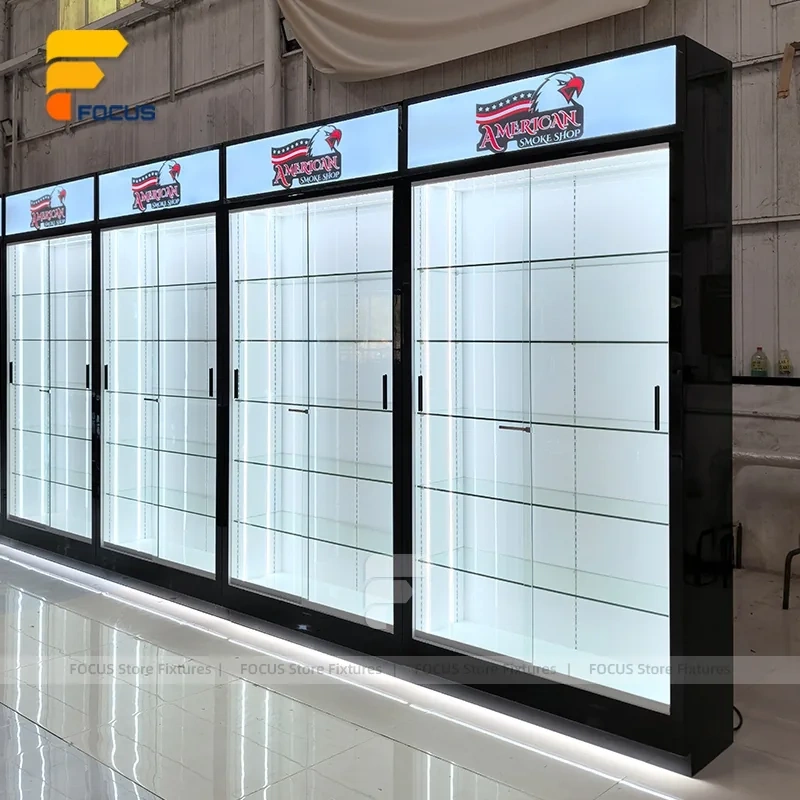 Custom Black Framed Illuminated Door Display Cabinet