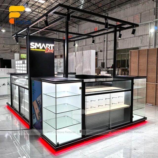 Custom Black Framed Kiosk Glass Showcase