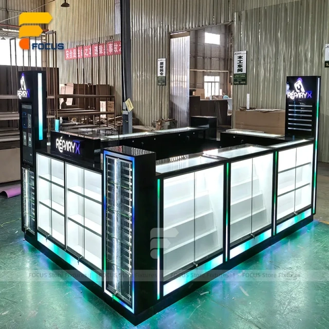 Custom Black Illuminated Checkout Glass Showcase