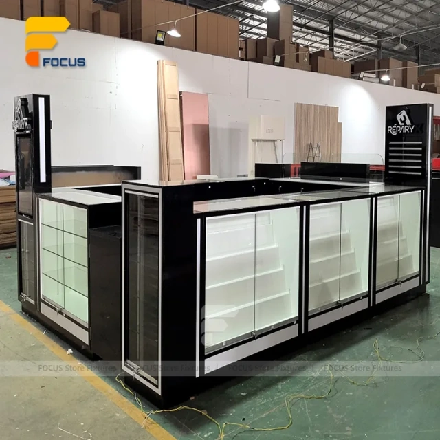 Custom Black Illuminated Checkout Glass Showcase