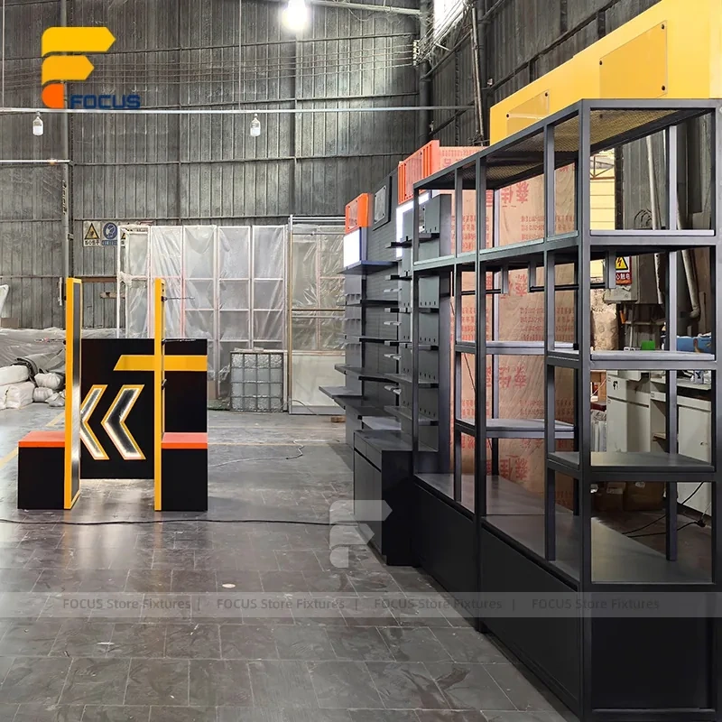 Custom Black and Orange Feature Wall Display Rack