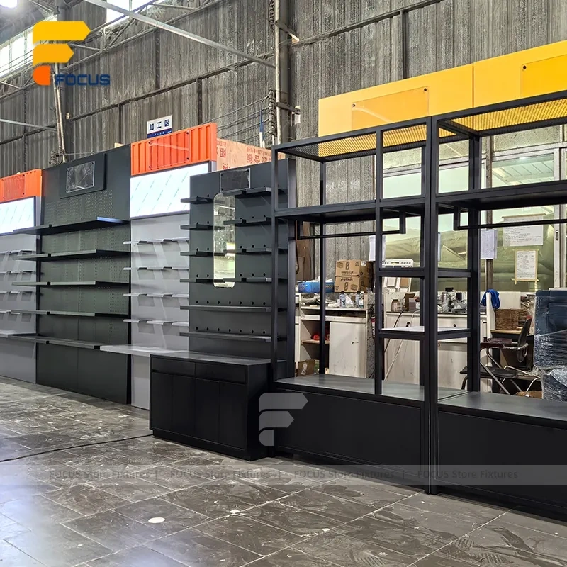 Custom Black and Orange Feature Wall Display Rack