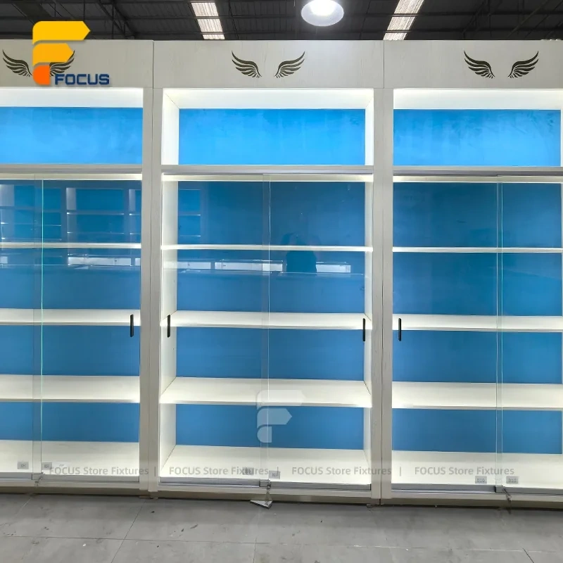 Custom Blue Back Panel Retail Display Cabinet