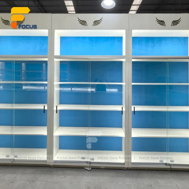 Custom Blue Back Panel Retail Display Cabinet