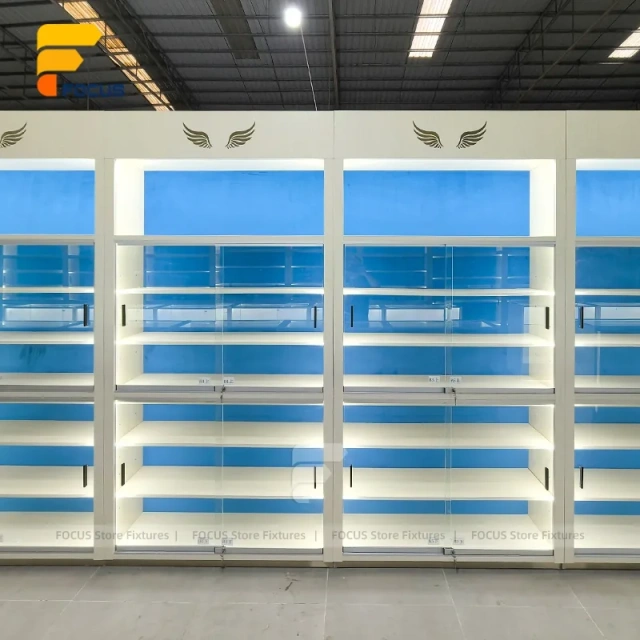 Custom Blue Back Panel Retail Display Cabinet