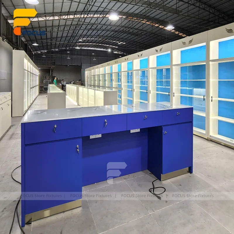 Custom Blue Back Panel Retail Display Cabinet
