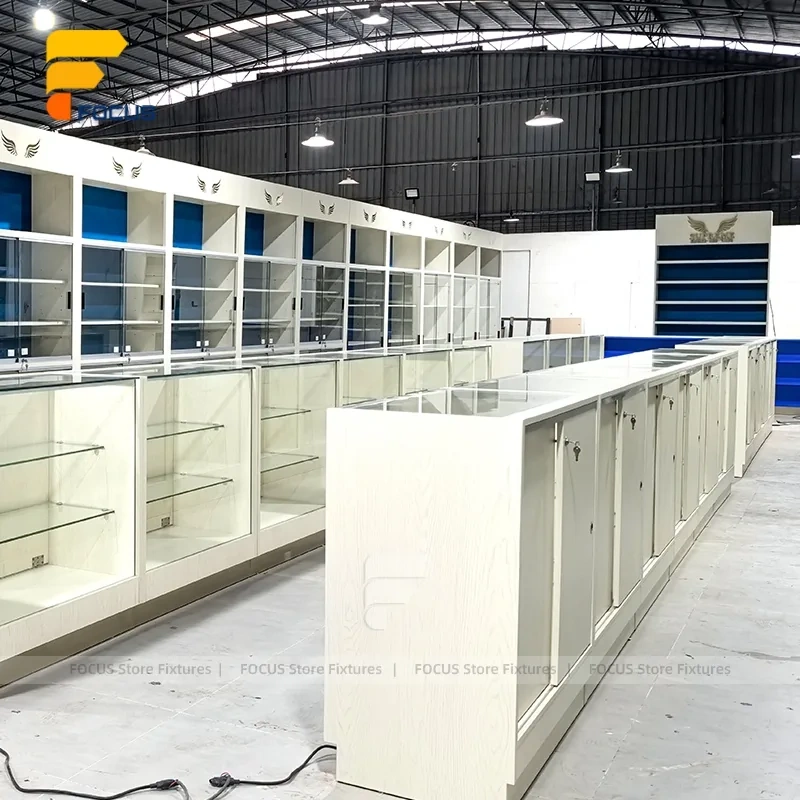 Custom Blue Back Panel Retail Display Cabinet