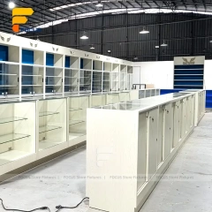 Custom Blue Back Panel Retail Display Cabinet