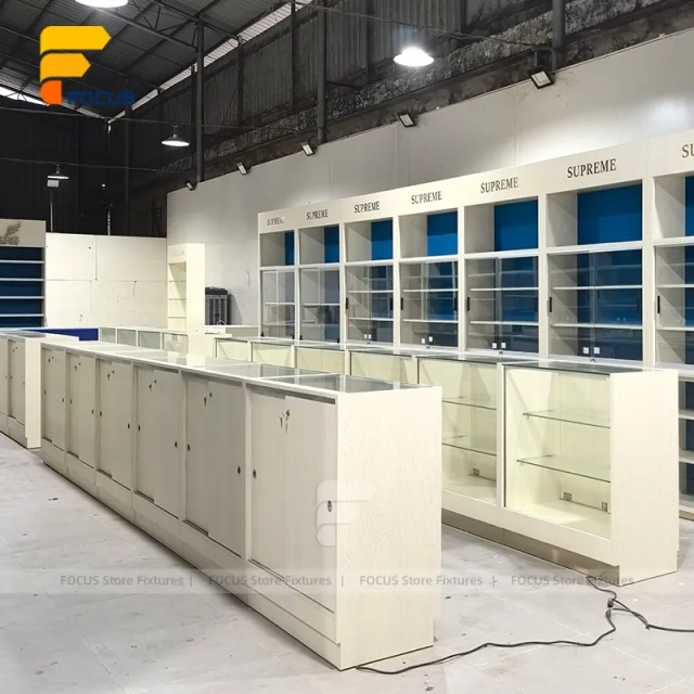 Custom Blue Back Panel Retail Display Cabinet