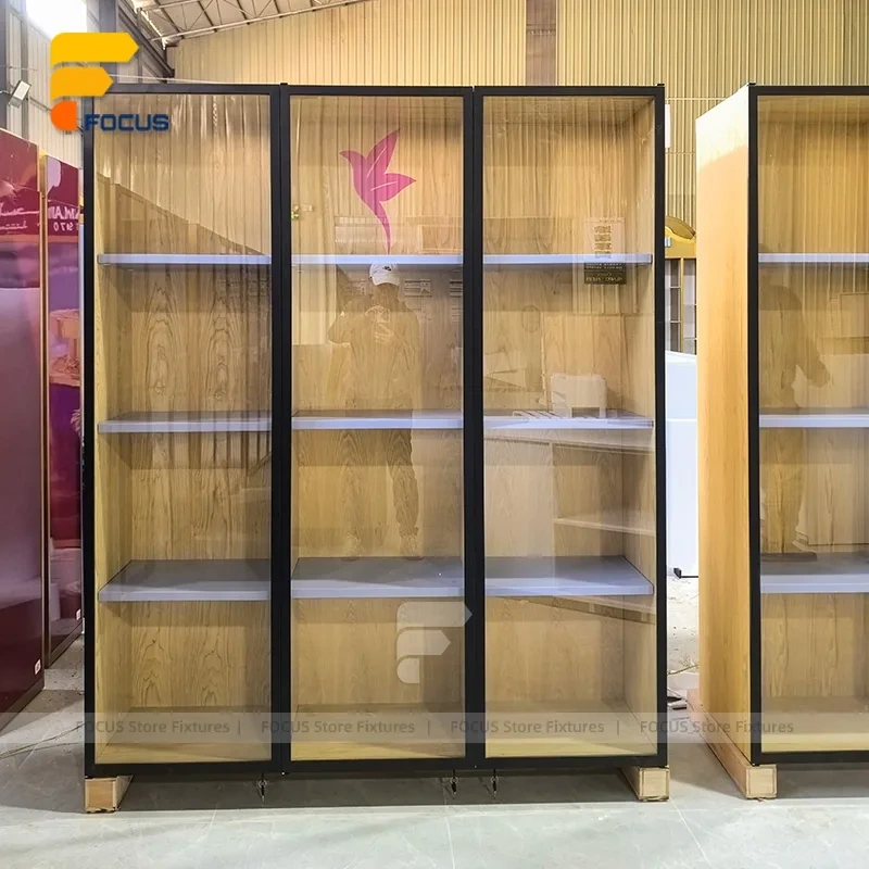 Custom Bronze Metal Wall Display Cabinet with Glass Shelves