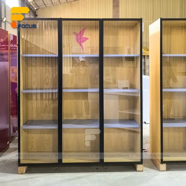 Custom Bronze Metal Wall Display Cabinet with Glass Shelves