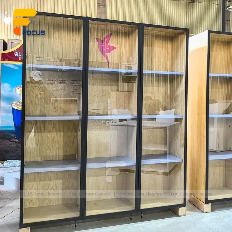 Custom Bronze Metal Wall Display Cabinet with Glass Shelves