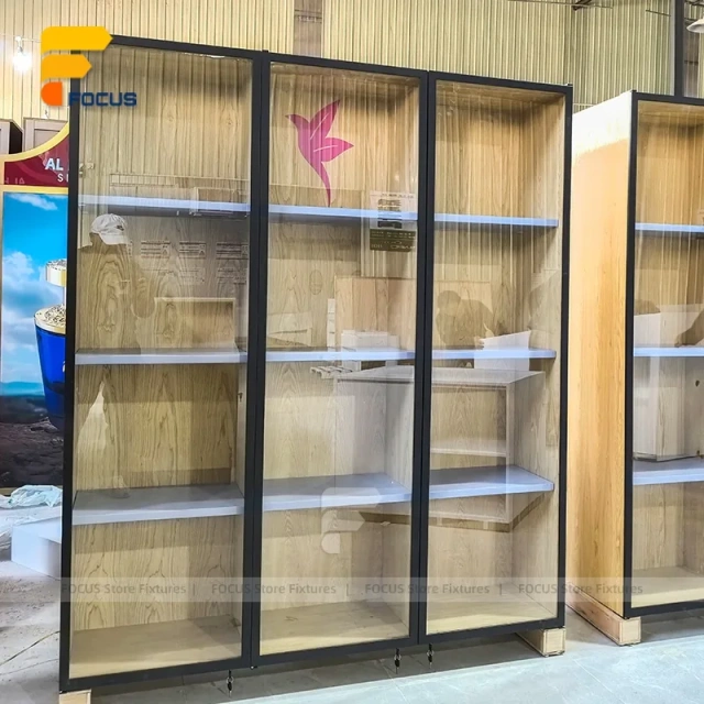 Custom Bronze Metal Wall Display Cabinet with Glass Shelves