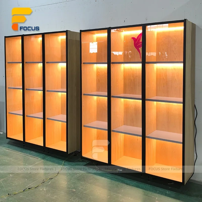 Custom Bronze Metal Wall Display Cabinet with Glass Shelves
