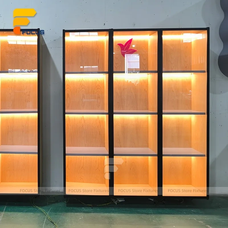 Custom Bronze Metal Wall Display Cabinet with Glass Shelves