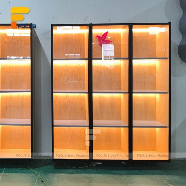 Custom Bronze Metal Wall Display Cabinet with Glass Shelves