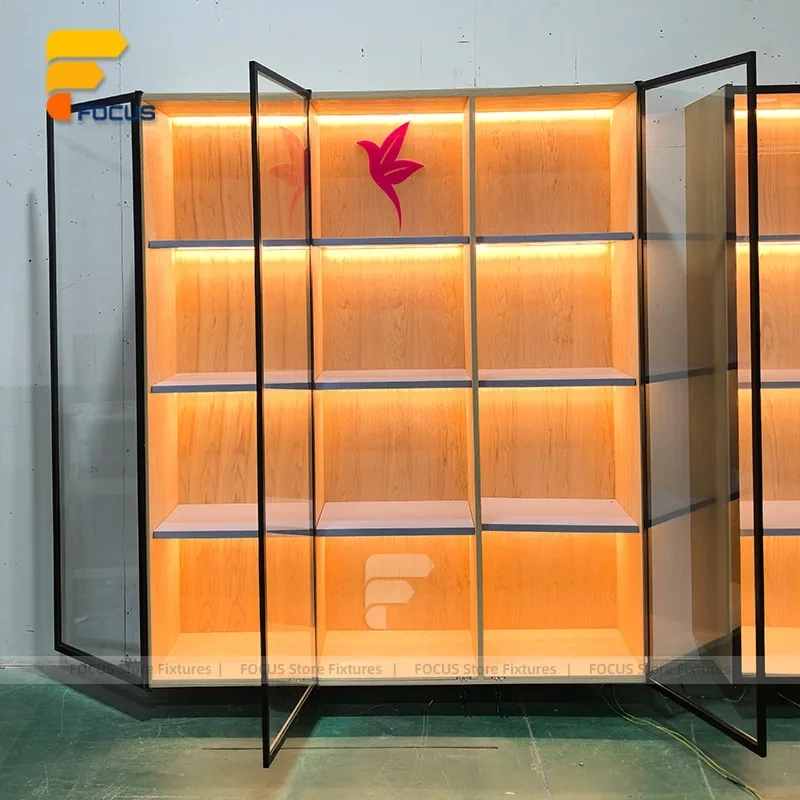 Custom Bronze Metal Wall Display Cabinet with Glass Shelves