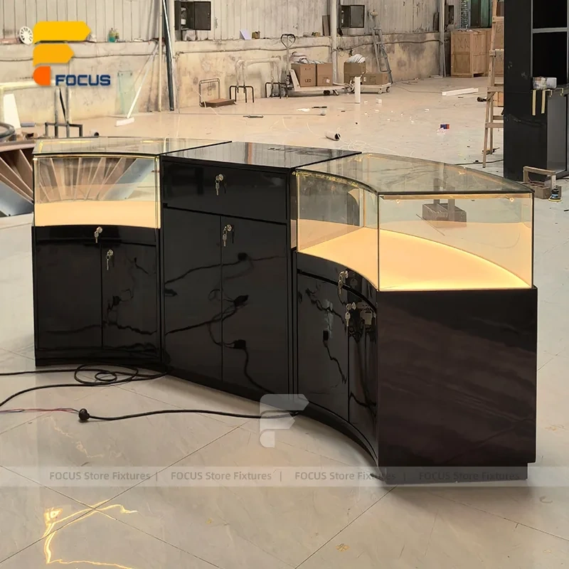 Custom Curved Dark Wood Glass Showcase