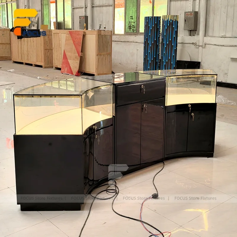 Custom Curved Dark Wood Glass Showcase
