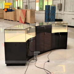 Custom Curved Dark Wood Glass Showcase