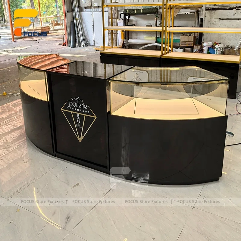 Custom Curved Dark Wood Glass Showcase