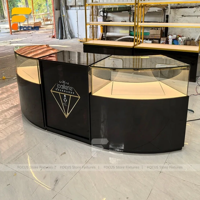 Custom Curved Dark Wood Glass Showcase