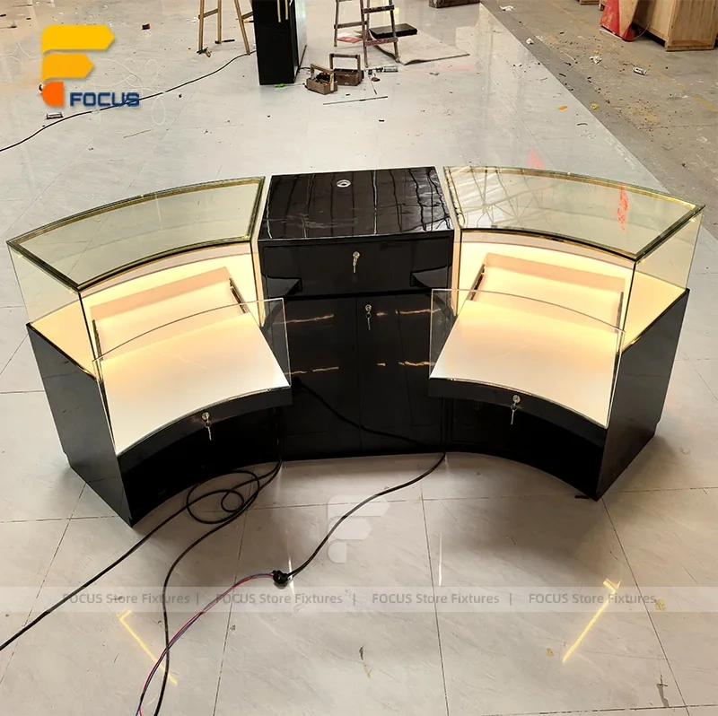 Custom Curved Dark Wood Glass Showcase