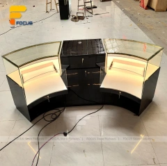 Custom Curved Dark Wood Glass Showcase