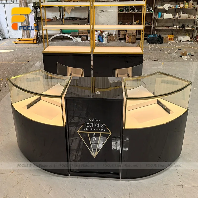 Custom Curved Dark Wood Glass Showcase