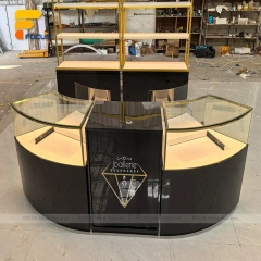 Custom Curved Dark Wood Glass Showcase