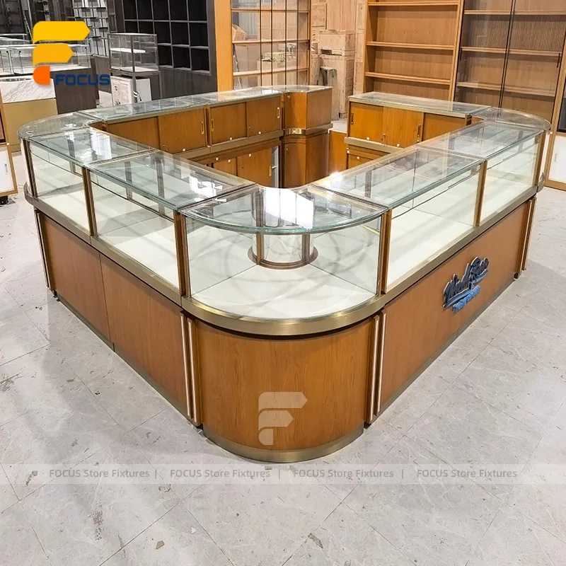Custom Curved Wood Jewelry Glass Showcase Counter