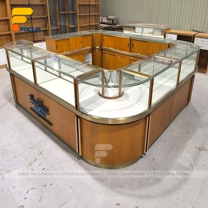 Custom Curved Wood Jewelry Glass Showcase Counter