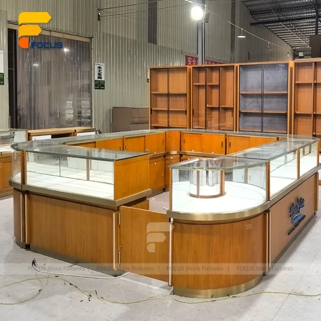 Custom Curved Wood Jewelry Glass Showcase Counter