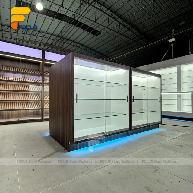 Custom Dark Wood Backlit Wall Display Cabinet