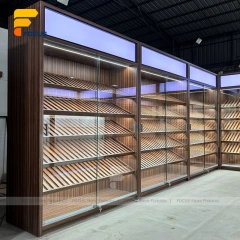 Custom Dark Wood Backlit Wall Display Cabinet