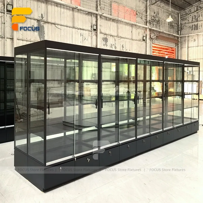 Custom Full Glass Retail Display Cabinet with Black Frame