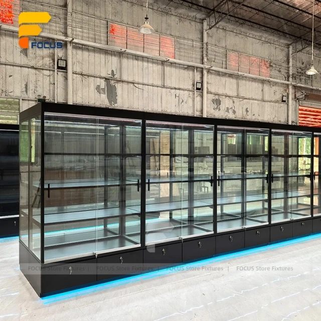 Custom Full Glass Retail Display Cabinet with Black Frame