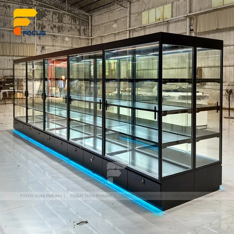 Custom Full Glass Retail Display Cabinet with Black Frame