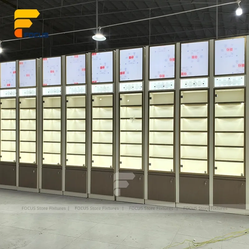 Custom Full Height Illuminated Glass Wall Display Cabinet
