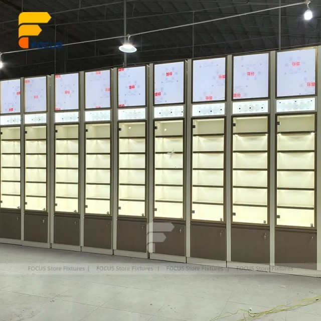 Custom Full Height Illuminated Glass Wall Display Cabinet