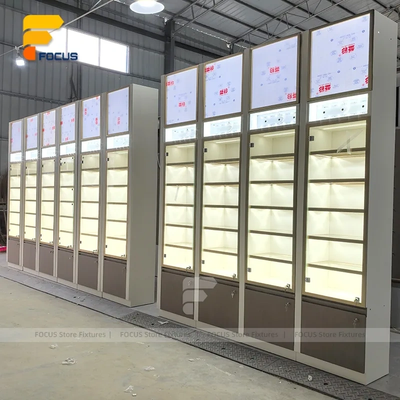 Custom Full Height Illuminated Glass Wall Display Cabinet
