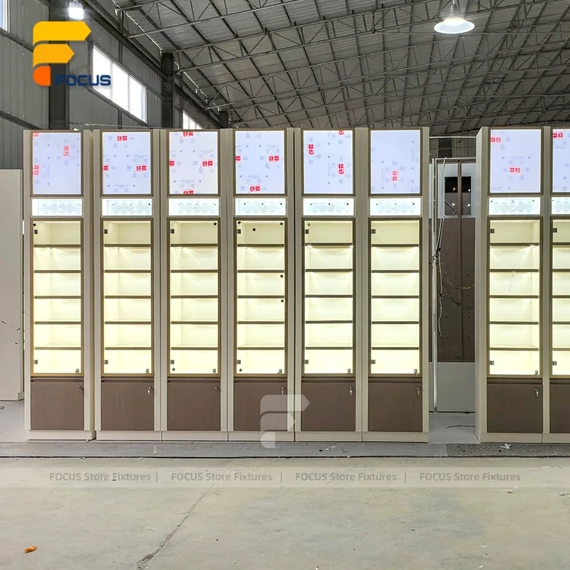 Custom Full Height Illuminated Glass Wall Display Cabinet