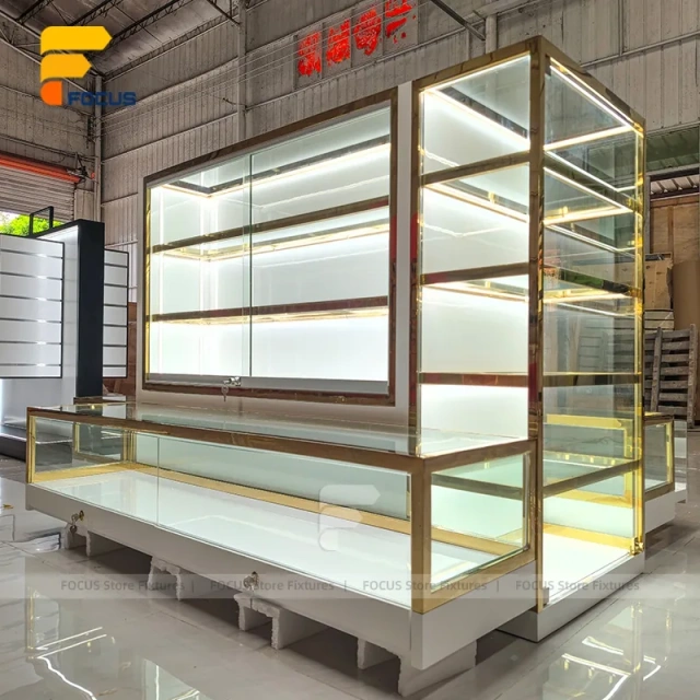 Custom Gold Framed Illuminated Glass Showcase