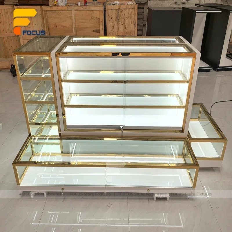 Custom Gold Framed Illuminated Glass Showcase