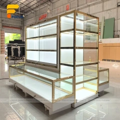 Custom Gold Framed Illuminated Glass Showcase